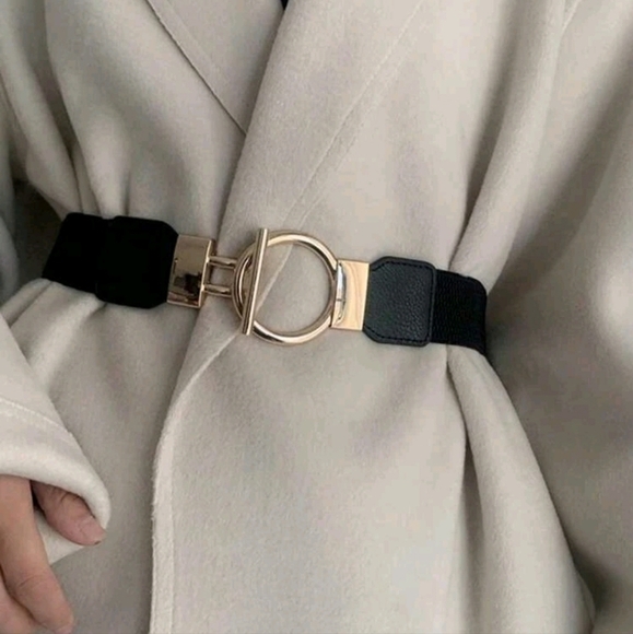 Plus size gold tone black stretch elastic toggle buckle minimalist dress - Picture 7 of 10